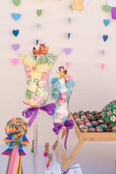 Vibrant candy display with decorations perfect for a birthday celebration.