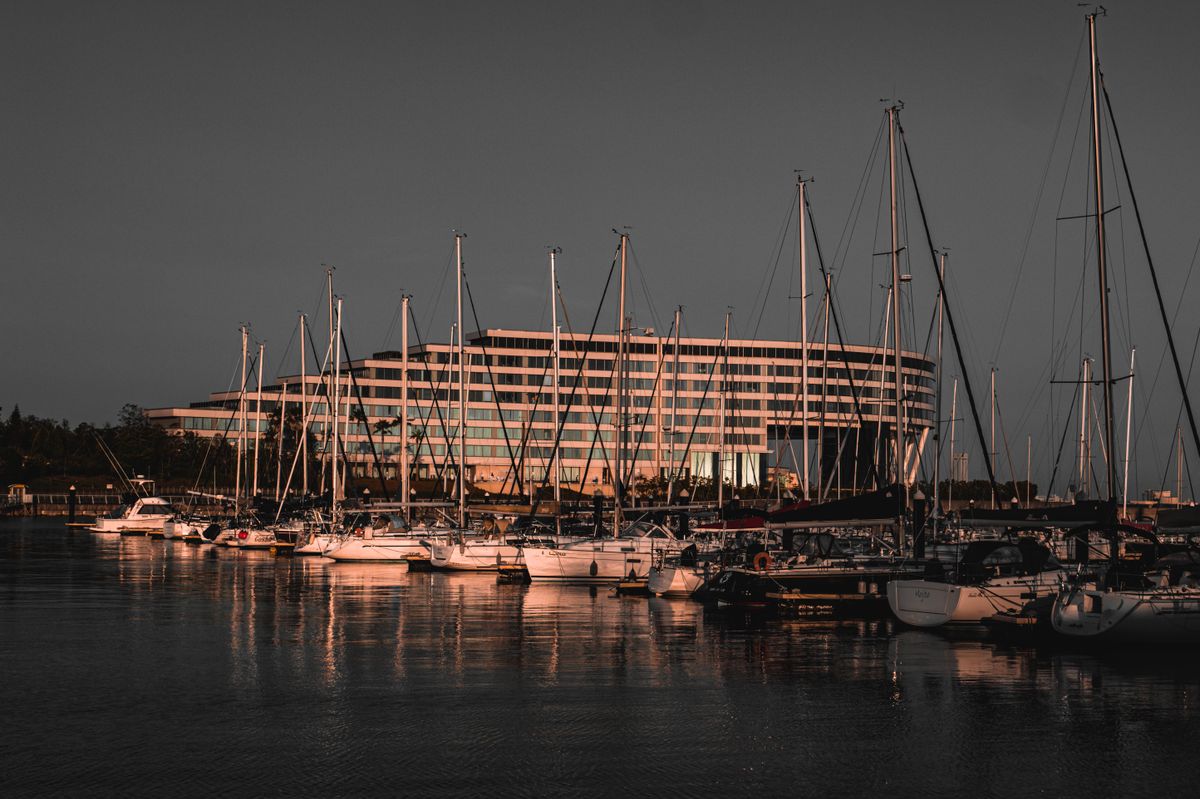 River Rock marina and waterfront accommodations evening view