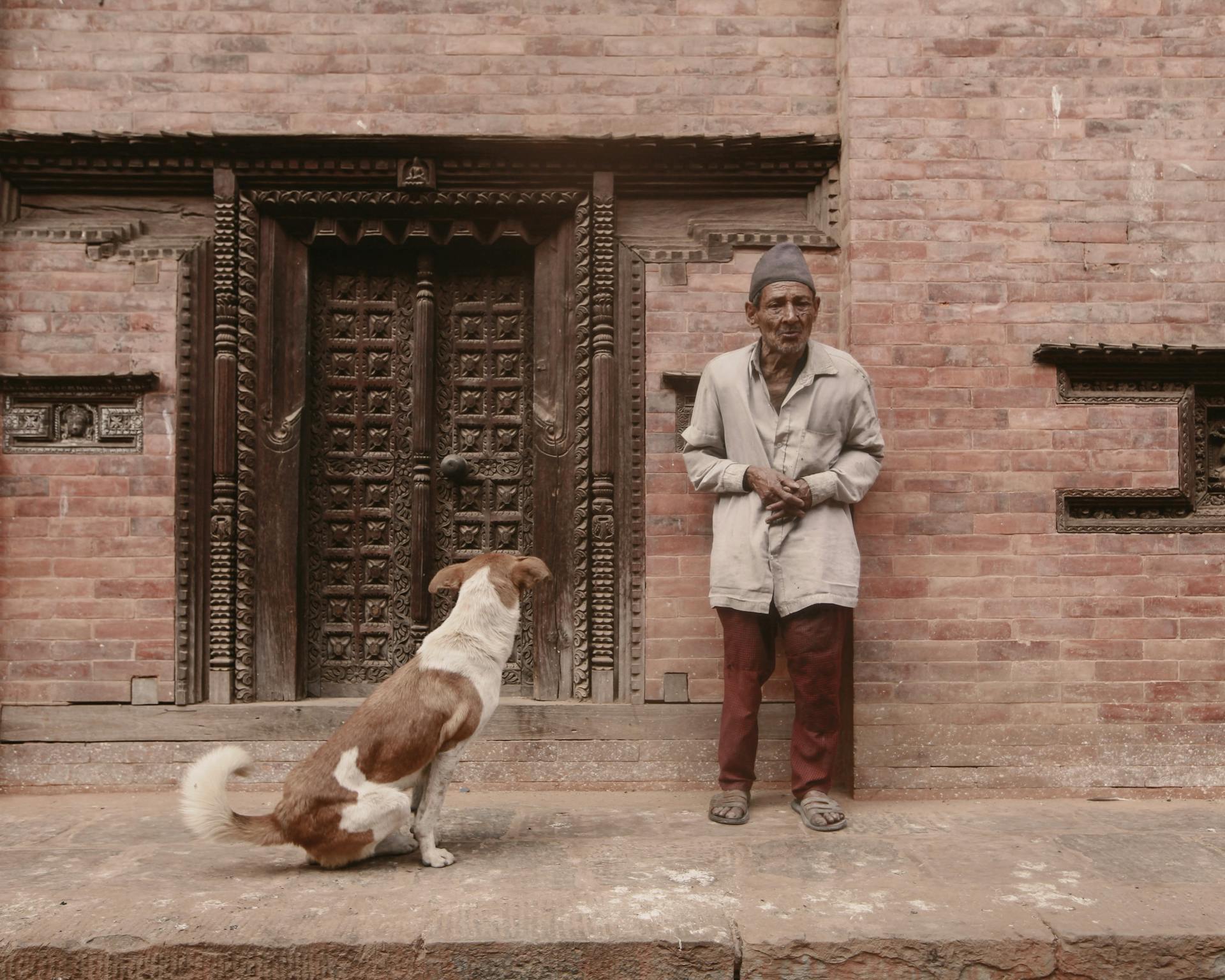 Elderly Man and Dog on Sidewalk