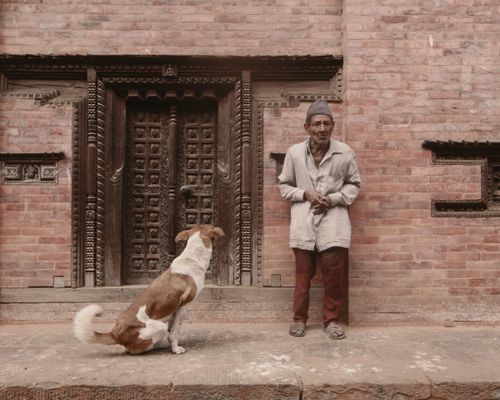 Free An elderly man stands by a traditional wooden door, with a dog nearby on a stone sidewalk. Stock Photo