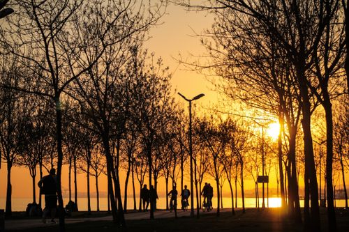 Free Peaceful sunset scene in İzmit, Türkiye, with silhouettes of people and trees along a park pathway. Stock Photo