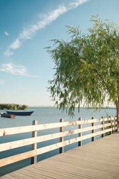 Peaceful morning scene of a wooden boardwalk by the river with a boat and a tree, perfect for serene moments.