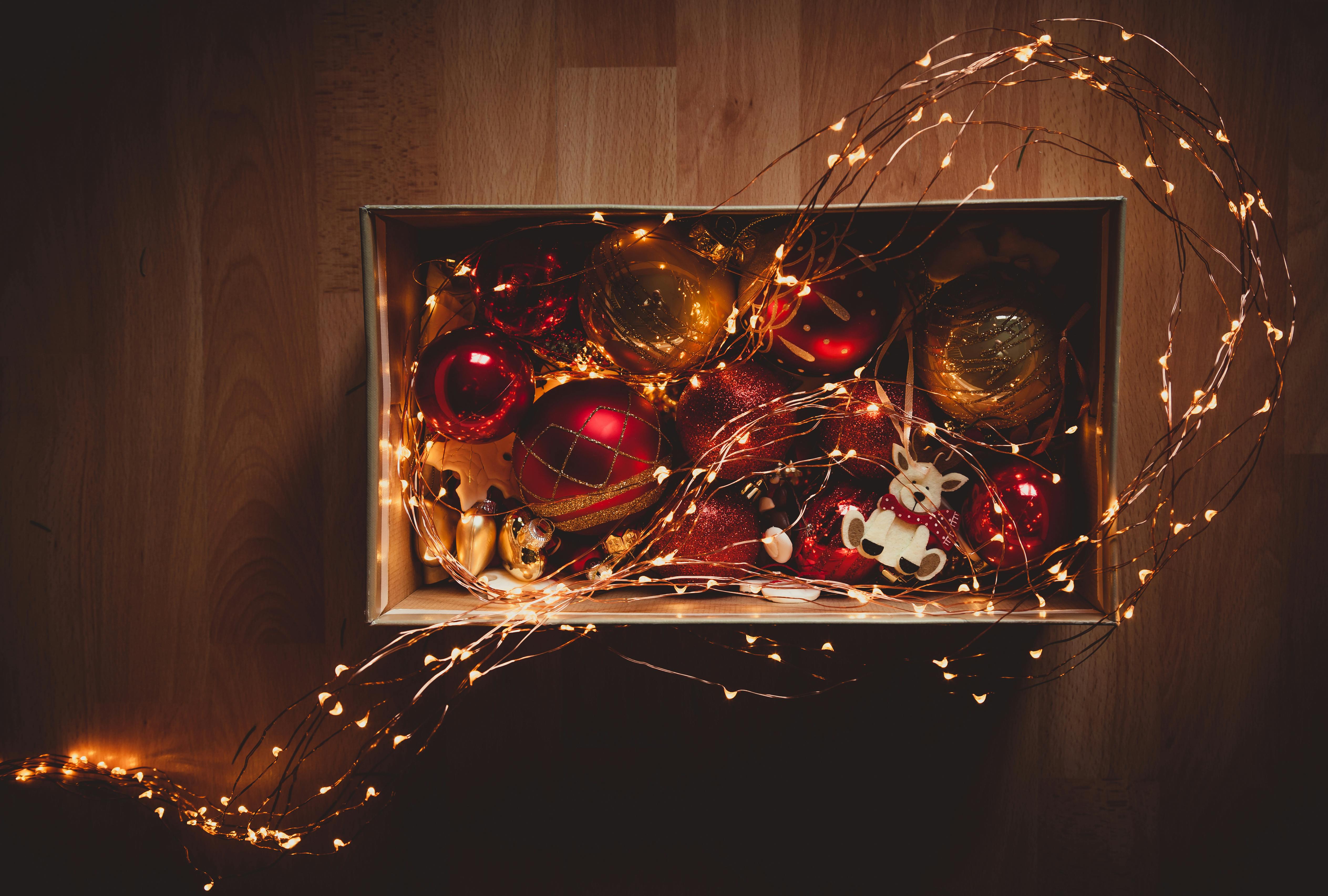 box of red and yellow baubles