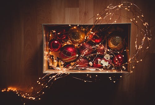 Free Box of Red and Yellow Baubles Stock Photo