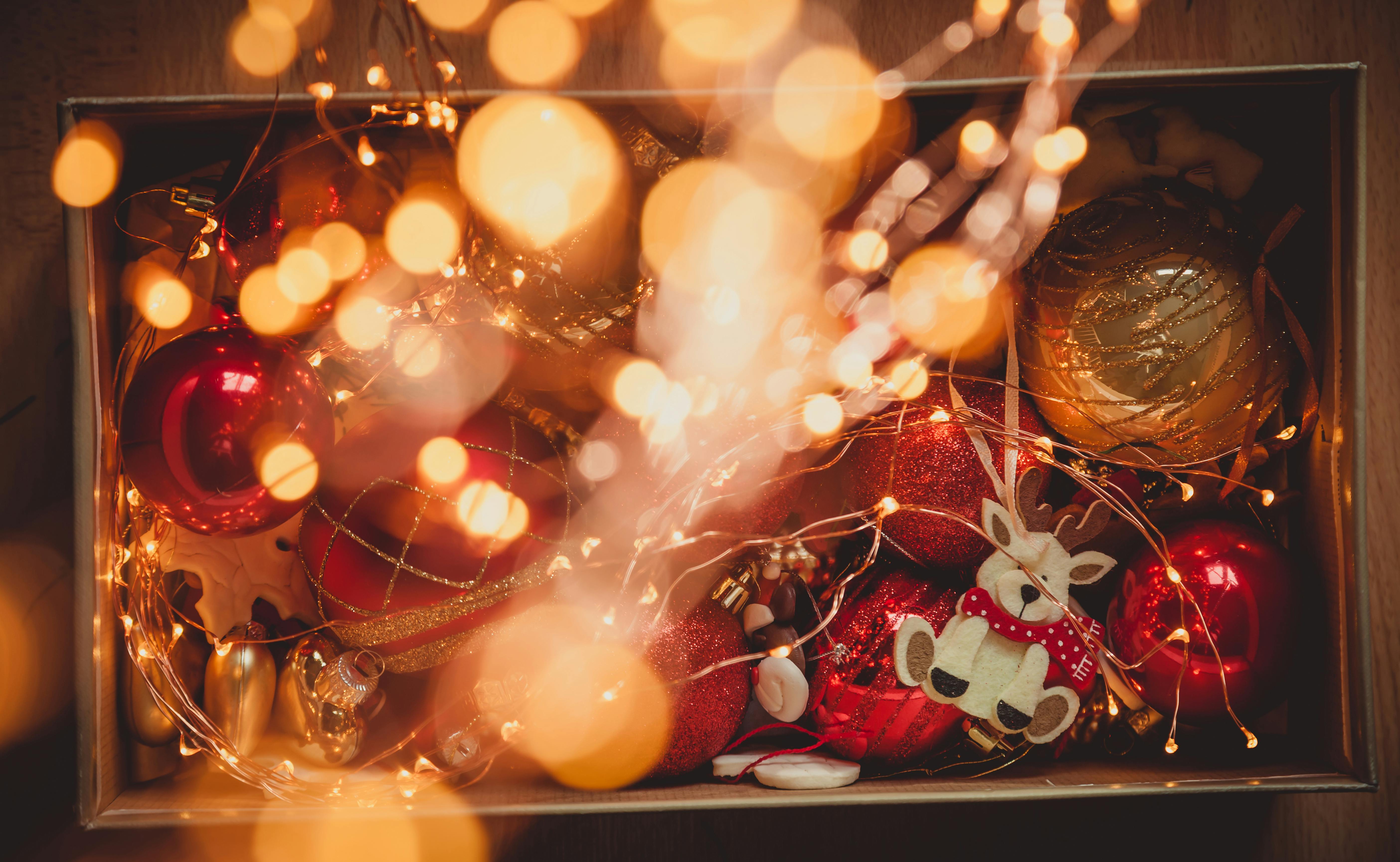 red and grey christmas baubles with box