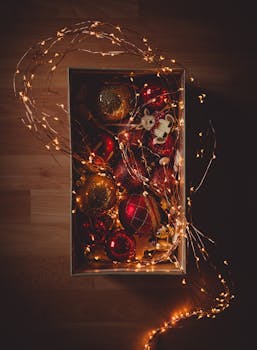 一个装饰着灯串的盒子里，平放着一个舒适的圣诞装饰品