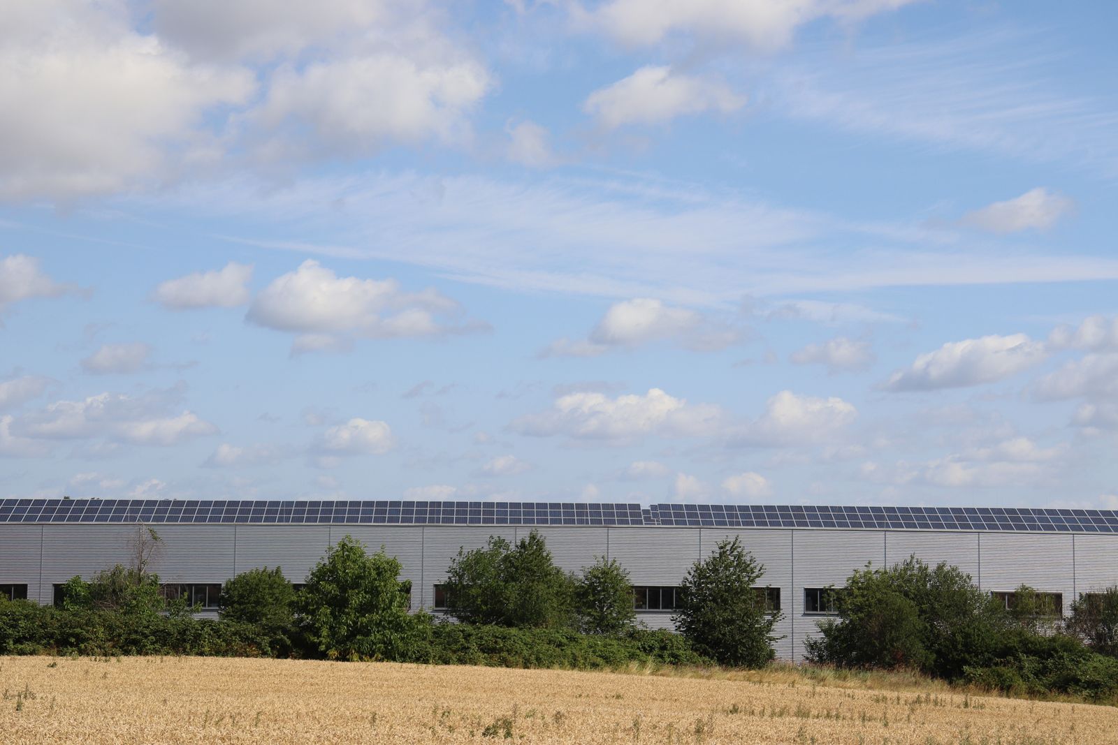 Solar panels on a countryside warehouse roof beside farm fields, typical of commercial and farm sites in the Lothians
