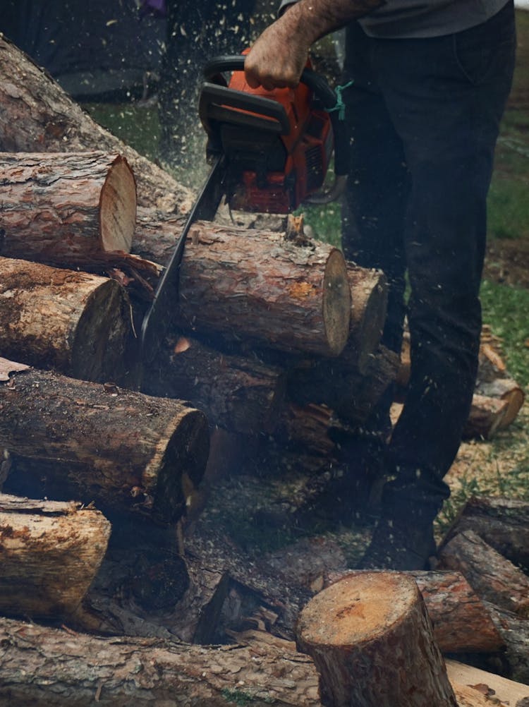 Man Cutting Wood With Chainsaw