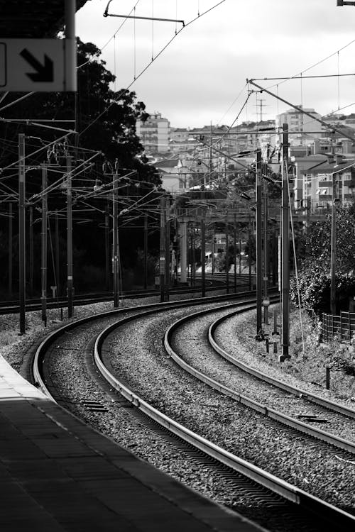 Railway Tracks in Town in Black and White