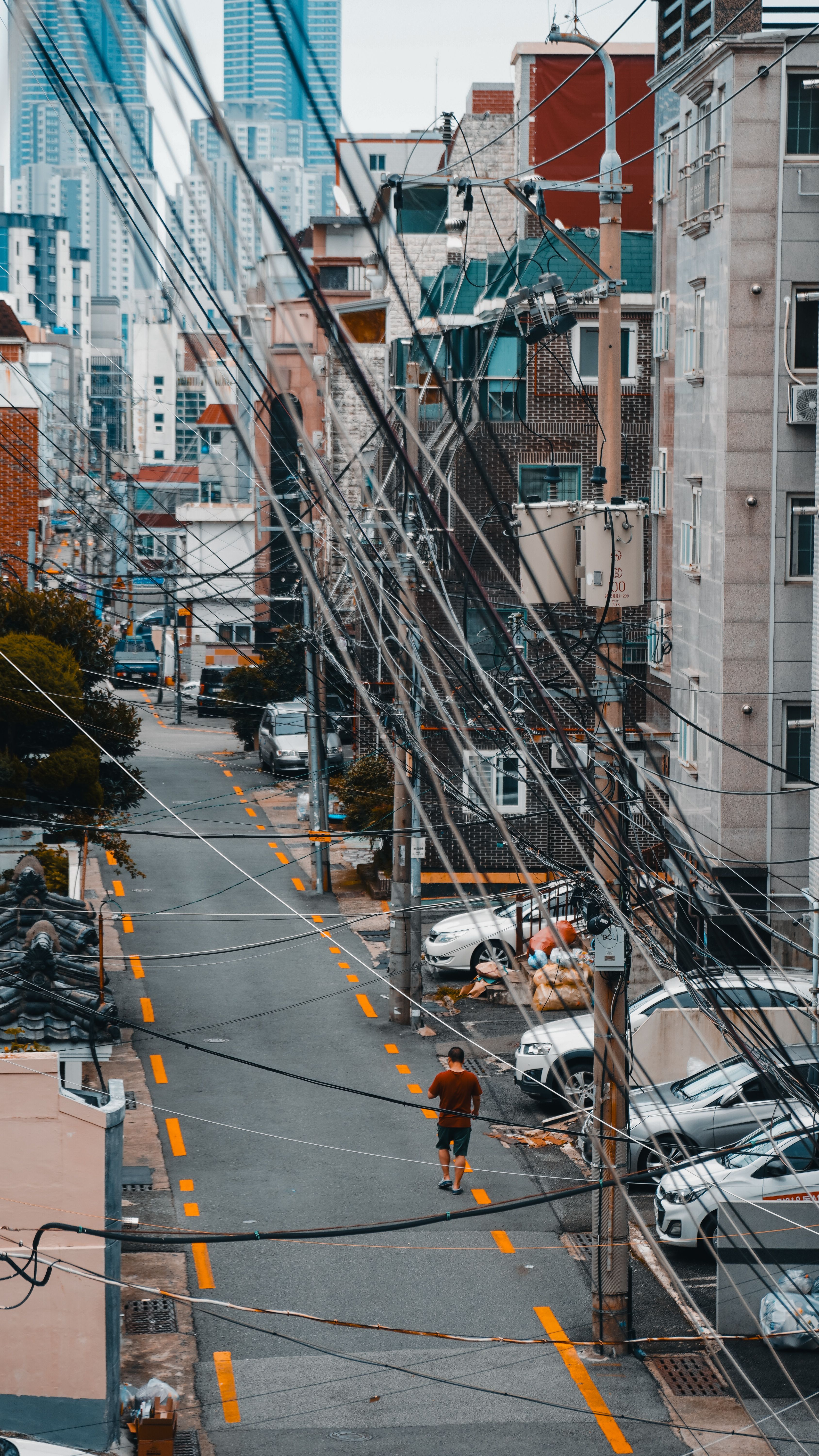 Urban street with power lines