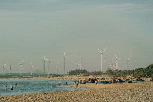 Free Scenic beach with wind turbines and people enjoying summer. Perfect blend of nature and renewable energy. Stock Photo