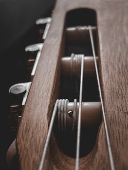 Detailed view of guitar strings wrapped around tuning pegs on a wooden instrument.
