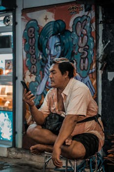 A man sits cross-legged in front of vibrant graffiti at a nighttime street market.