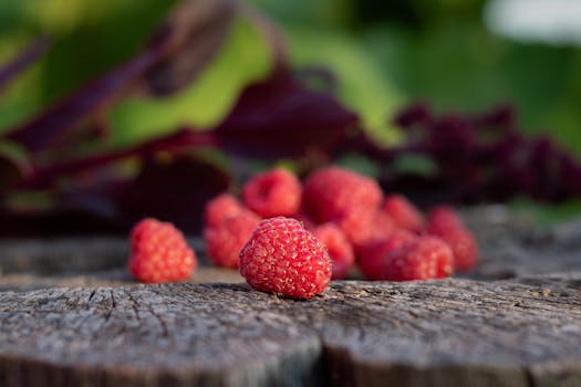 Close-up of fresh raspberries on a rustic wooden surface, highlighting their natural allure.