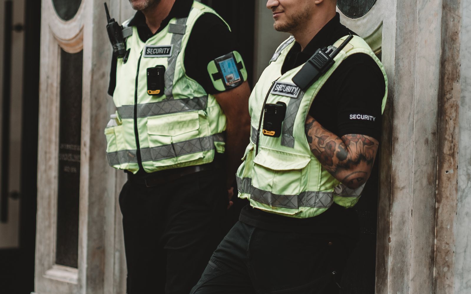Security officers on duty outside a London building