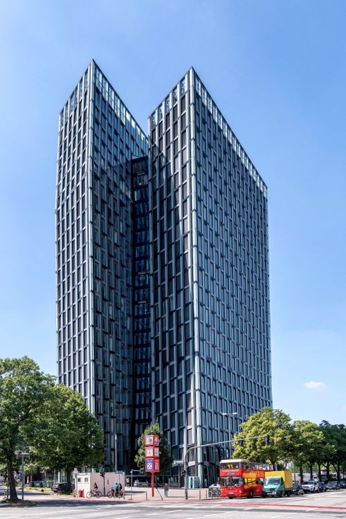Free Tall twin skyscrapers in Hamburg, Germany, under clear blue skies showcasing urban architecture. Stock Photo