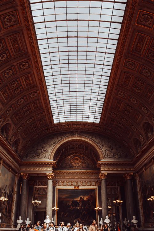 Free Ornate Galerie des Batailles in Versailles with a majestic glass roof. Stock Photo