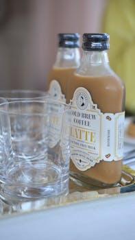 Close-up of bottled cold brew coffee latte with glasses on a tray.