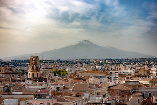 A breathtaking cityscape of Catania, Sicily with Mount Etna in the background, showcasing urban and natural beauty.