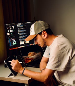 Young man in baseball cap working with devices in a home office.