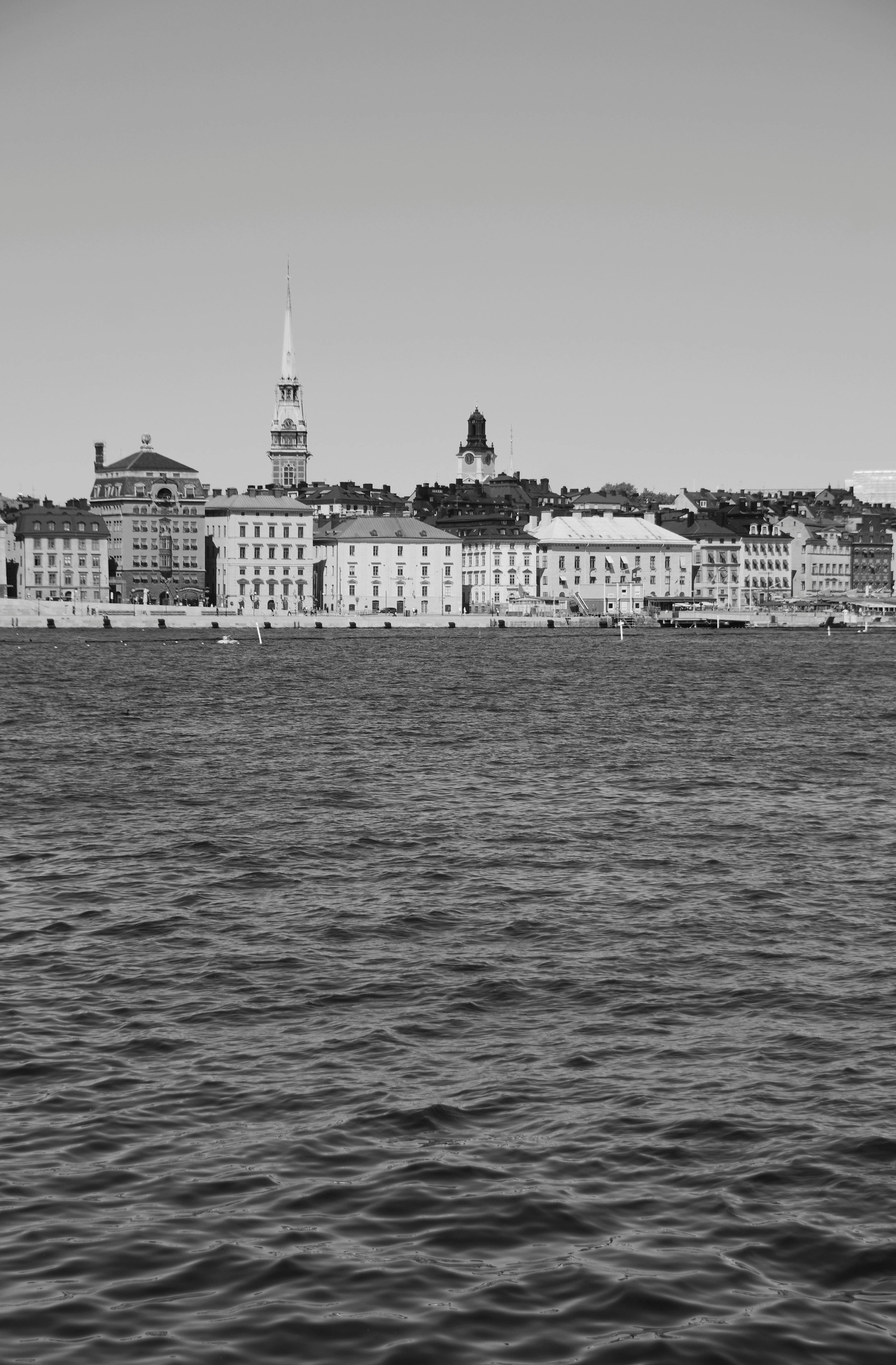 Scenic black and white view of Stockholm's iconic waterfront with historic architecture.