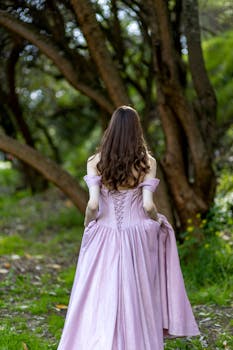Back view of a young woman in a pink dress enjoying a sunny day in the park.