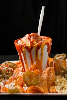 Close-up of loaded nachos topped with cheese, jalapenos, and sauce, perfect for snack time.
