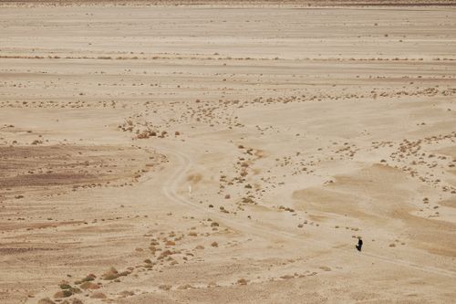 Free A solitary figure walks across a vast, sunlit desert landscape with a winding dirt path. Stock Photo