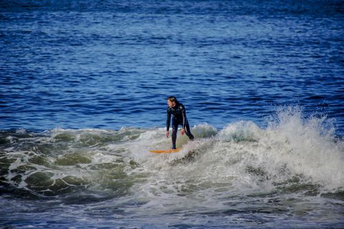 Free Surfer confidently maneuvering through ocean waves, showcasing skills and passion for water sports. Stock Photo