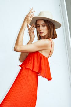 Fashionable woman in a red dress and hat posing elegantly against indoor backdrop.