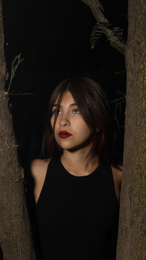 Free A striking portrait of a young woman in a black outfit framed by trees at night. Stock Photo