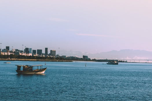 城市天际线和山脉背景下，水面上船只静谧