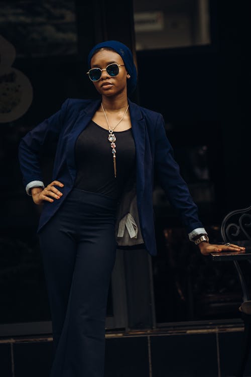 Elegant Woman in a Navy Blue Suit 