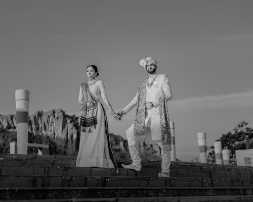 Newlyweds in Traditional Clothing in Black and White