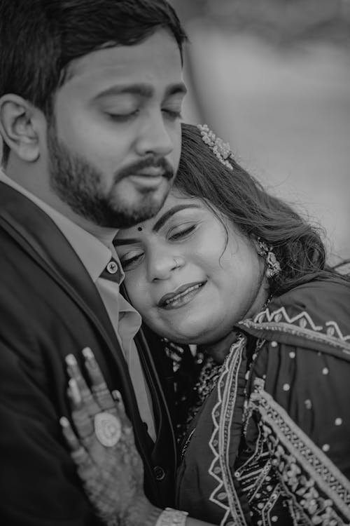 Hugging Newlyweds in Black and White