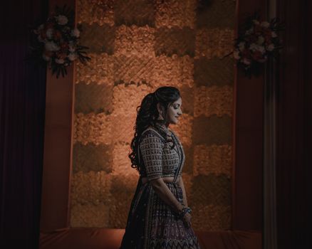 Beautiful woman in traditional Indian clothing posing indoors with elegant decor.