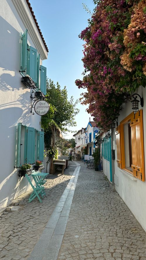 Free Idyllic cobblestone alleyway adorned with vibrant shutters and cascading flowers Stock Photo