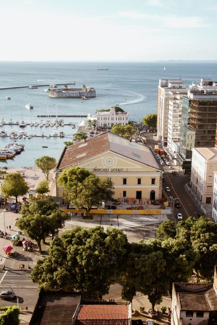 Aerial shot of Salvador harbor with iconic Fort São Marcelo in view.