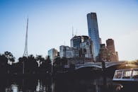 黄昏时分，墨尔本的天际线映衬着高耸的摩天大楼和亚拉河