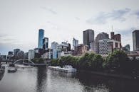 墨尔本的天际线景色中，摩天大楼沿亚拉河倒映，展现了城市的建筑风貌