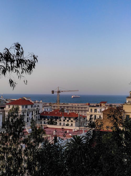 Construction Crane and Town Buildings on Sea Coast