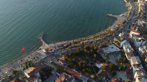 Free Stunning aerial view of Kuşadası, Türkiye showcasing its scenic coast and vibrant city life. Stock Photo