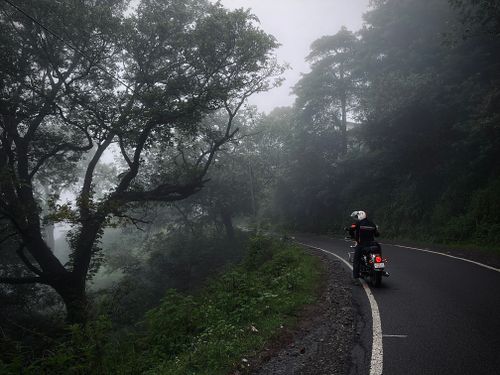 Free A motorcyclist rides through a foggy forest, capturing a sense of travel and adventure. Stock Photo