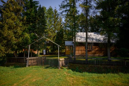 A peaceful view of a wooden church surrounded by lush greenery in a rural setting.