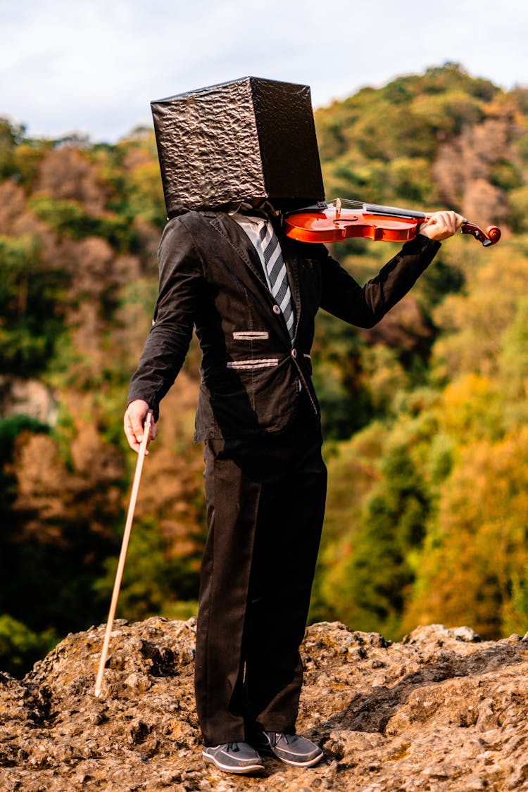 Person With Box On Head Standing With Violin On Rock Over Forest