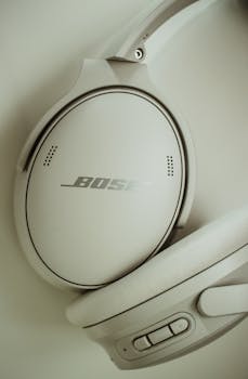 Detailed close-up of white wireless headphones with control buttons.