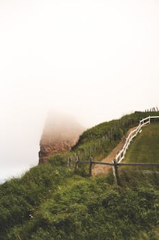 Foggy landscape with a fenced path leading to mist-covered cliffs and lush green grass.