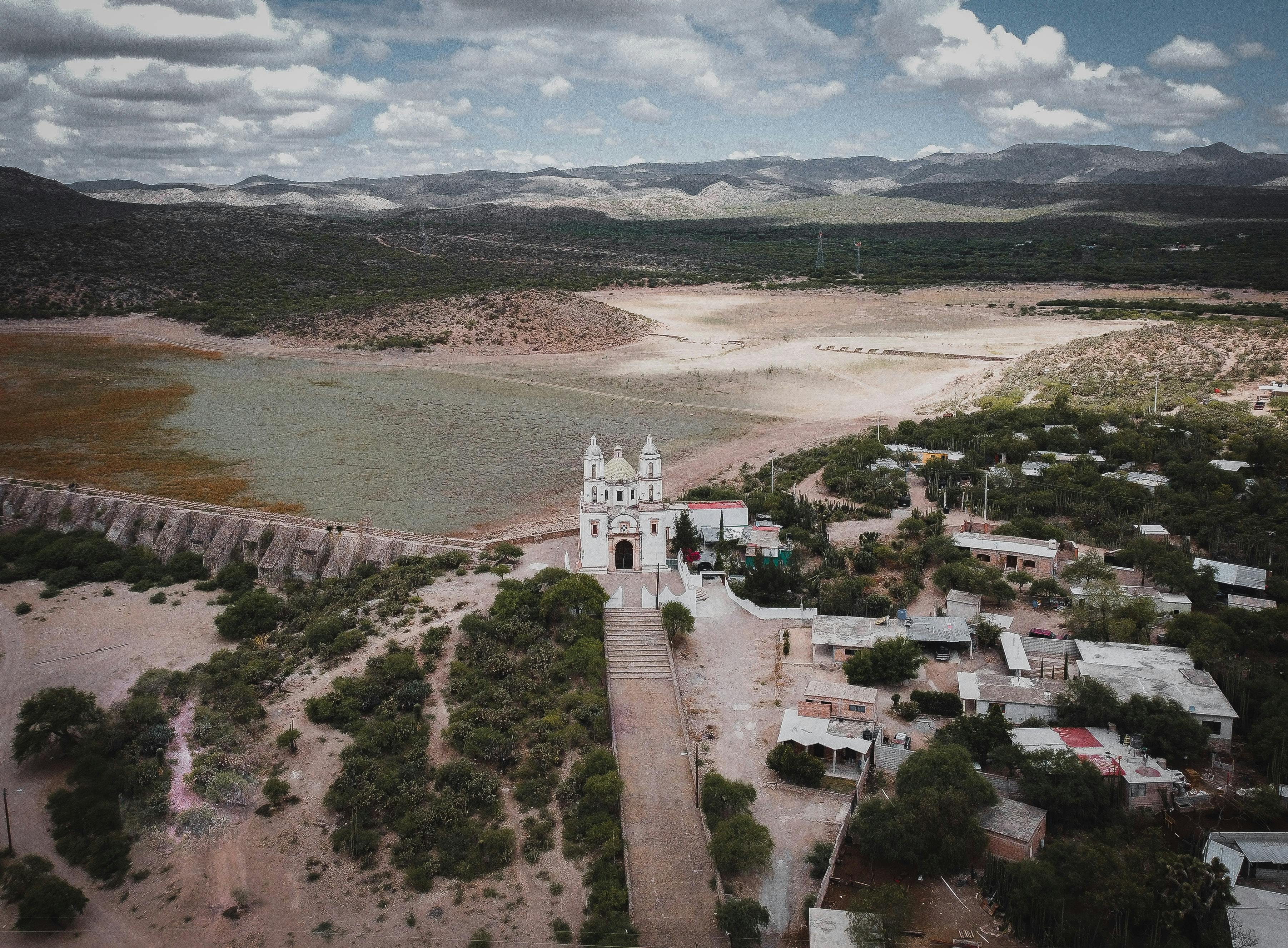 Aerial view of a church and rural landscape in Bocas, San Luis Potosí, Mexico.