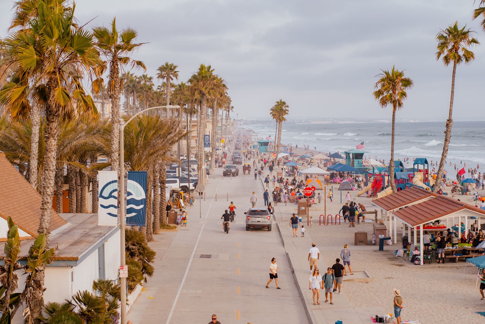 San Diego coastal boardwalk with palm trees, stock photograph