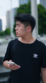 Casual young man with smartphone in city environment during the daytime.
